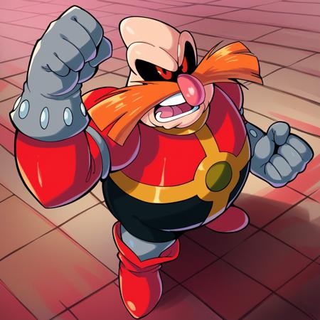 dr_robotnik_(\aosth\) bald, red eyes, orange mustache, pink nose red shirt, black pants, grey socks, grey gloves, red boots