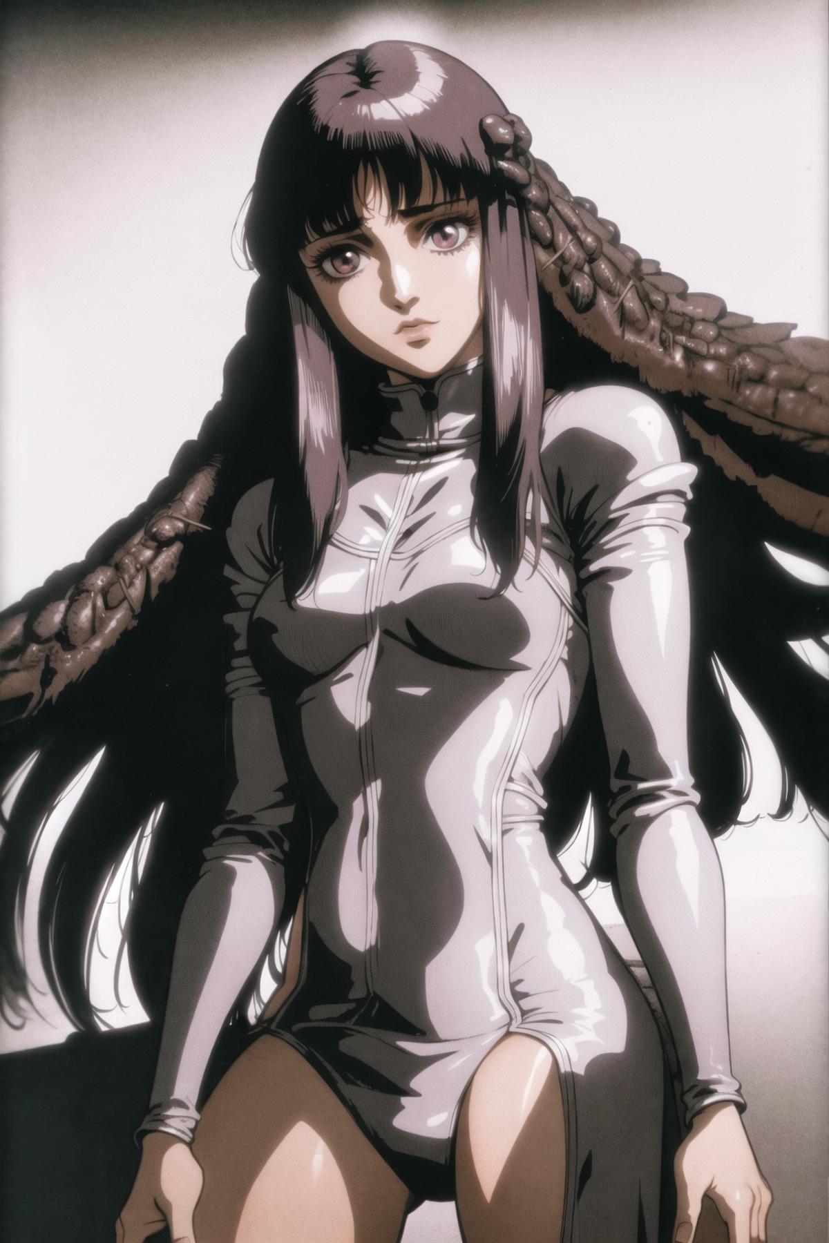 A manga-style drawing of a woman wearing a silver and black bodysuit.