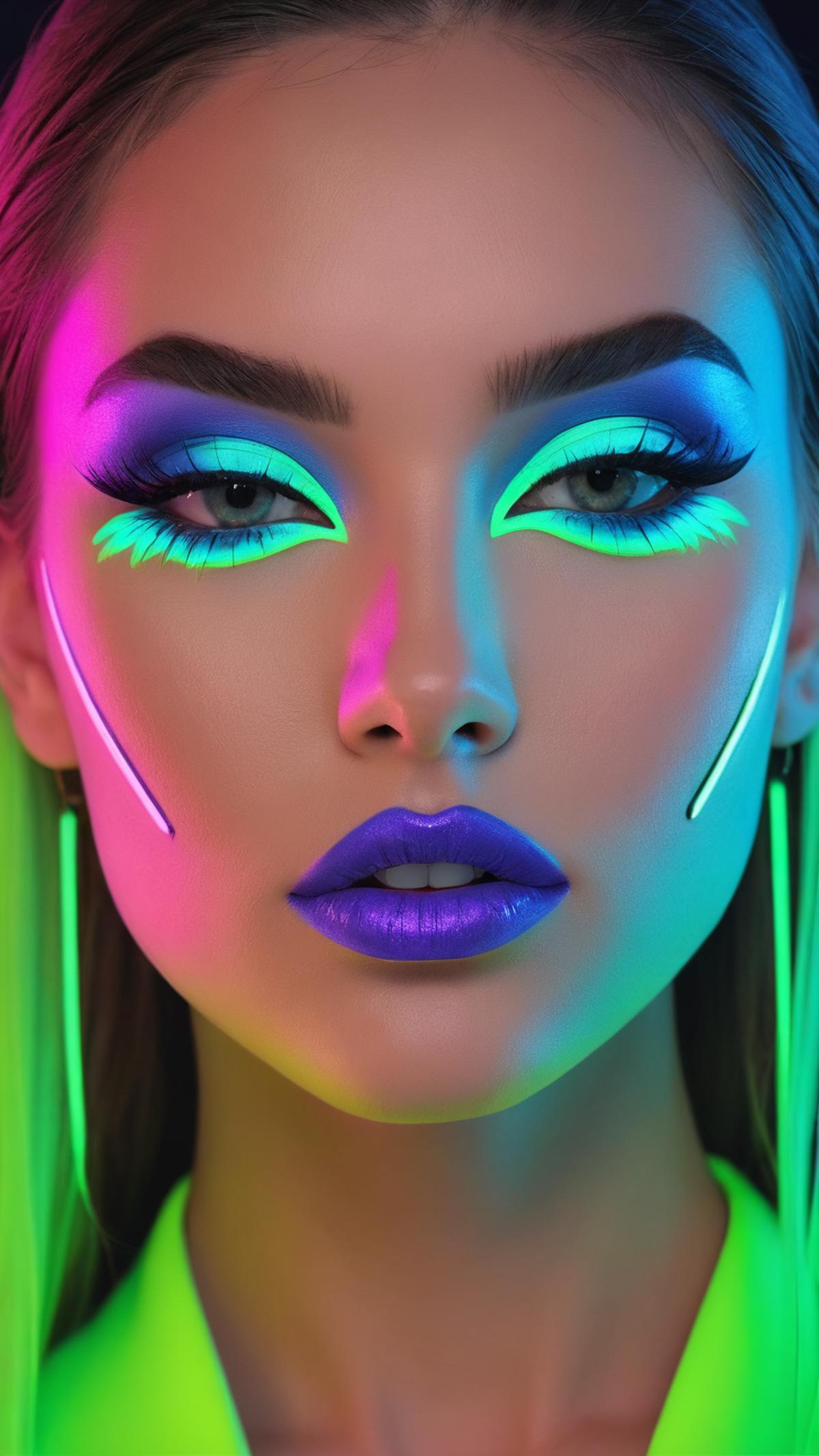 A woman with blue lipstick, green eyeshadow, and neon lighting on her face.