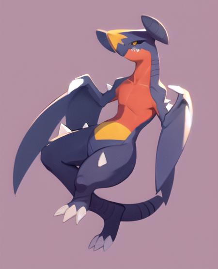 garchomp, grin, teeth, smirk, hand up, full body, simple background, purple background, tail up