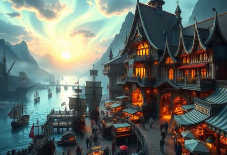 Captivating fantasy scene:
packed pirate dock, multiple pirate ships and stalls
Palace features:
Bright, ribbons of aurora lights arc out like paths,
European architecture,
Sweeping curves and dynamic shapes
Wooden and Cobblestone surfaces with a white and metalic gold gold, reflective quality
Dramatic lighting highlighting key architectural elements
Setting:
jagged mountains in distance, sun rising over the tops,
a mass of buildings surrounding environment, a large river cuts through the middle towards the center of the island, a number of bridges connect both sides.
Misty, breathtaking scene
Color palette:
White, Metalic Golds, vibrent colors, aurora borealis, fantasy market colors with rustic natural colors from wood and stone architechture,
Lighting:
Golden hour, otherworldly glow illuminating the dock
Soft, amazing light emanating from within the structure
Additional elements:
Large sea monsters captured and hauled off trading ships, ships being repaired,
aurora borealis above clouds, huge pirate ships loam overhead, large cafes, fast food chains, large hotels and ornate buildings,
Trident patterns built into architechture and on flags,
Faint, figures or creatures in the foreground or background,
Style: Hyper-realistic digital art with a touch of surrealism
Mood: Awe-inspiring, bright, and mysterious
Composition: Extreme-Wide-angle view to showcase the docks's scale, with a low angle to emphasize its scale and mass of buildings