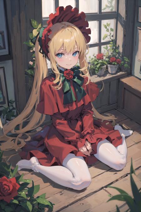 (masterpiece,best quality, detailed), indoors, looking at viewer, 1girl, solo, full body, from above, smile, sitting, wariza,
original outfit, 1girl, solo, dress, bonnet, flower, red dress, looking at viewer, rose, white pantyhose<lora:shinku-pynoise-000009:1>