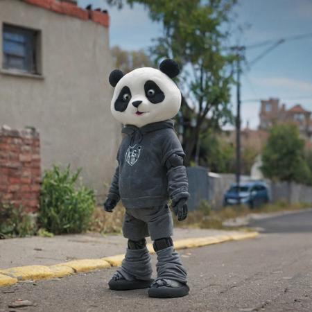 novuschroma51 style, claymation, a realistic little cute robot is wearing a panda hoodie and slippers on the street