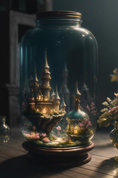 ((best quality)),absurdres,(ultra high res),octane render,(hyperrealistic:1.2), a glass jar with a lanscape inside of it, beautiful render of fairytale, fantasy cityscape, golden miniature, enchanted dreams, beautiful art, blurry background, (realistic:1.7), (8k), (Masterpiece),  (studio lighting),  <lora:diorama:0.77>