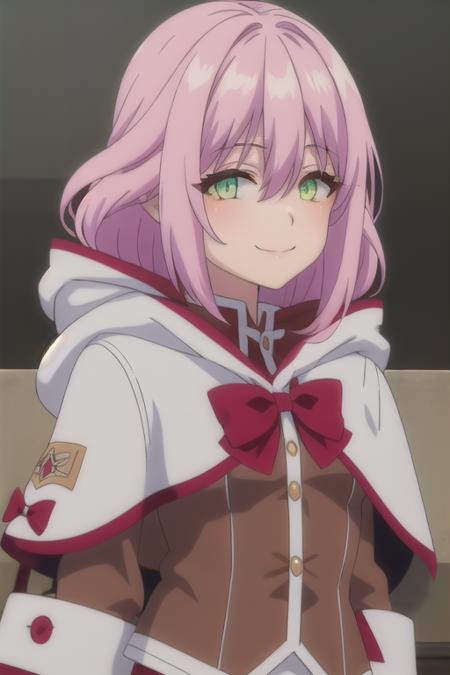 Norun medium hair,pink hair,sidelocks,hair between eyes,parted bangs,green eyes hood,white capelet,cloak,hood,red bow,red bowtie,brown tailcoat,long sleeves,medium breasts,white skirt,pleated skirt,thigh boots,brown footwear