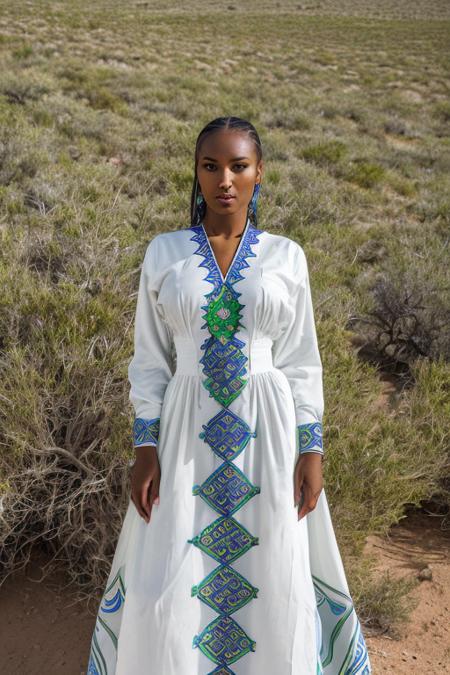 masterpiece, best quality, portrait of meganv1 wearing  a white kemis with blue and green designs on it in a arid grassland , Canon EOS 5D Mark IV <lora:detail_slider_v4:1> <lora:meganv1:.5> <lora:habeshaq:.7>