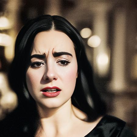 cute face, grieving eyes, gasping mouth, (closeup portrait:1.2), black cocktail dress, salon hair, at night in a restaurant, shallow focus blurry background