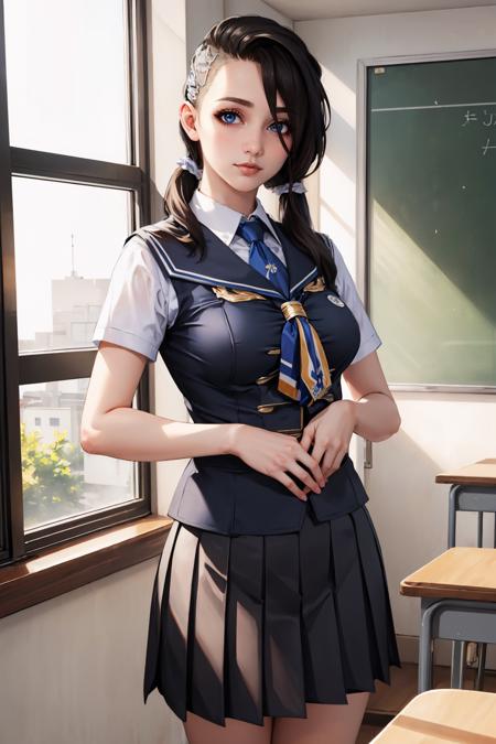 (masterpiece, best quality:1.2), 1girl, solo, <lora:angelbl:1>, angelbl, tattoo, medium breasts, asymmetrical hair, school uniform, classroom, looking at viewer, indoors, window, sunlight, skirt,