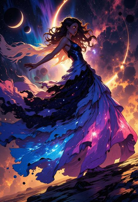 Dynamic portrait of a cosmic bride mid-spin, captured in a dramatic tilted frame. Her voluminous gown flows outward with motion, fabric woven from vibrant nebulae—deep purples, sapphire blues, magentas, and scattered starlight—glowing softly with cosmic energy. The texture of the dress resembles gaseous clouds and glittering constellations. Her hair streams around her like solar flares, partially defying gravity, infused with glowing particles and galaxy-like streaks. She wears a translucent cosmic veil trailing behind her, filled with flickering stars. Her pose is weightless yet intense, arms gracefully extended, head tilted, one glowing eye peeking from under her veil. Behind her: a surreal celestial sky—floating asteroids, twin moons partially eclipsed, auroras streaking across the horizon, and dense fields of stars. Color contrast is strong but harmonious, with dark space tones framing her luminous silhouette. The foreground carries faint lens bokeh and stardust effects, heightening the sense of depth and motion.