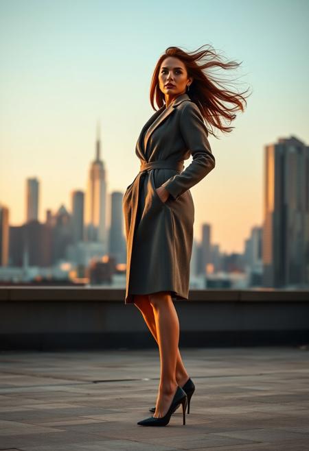 On a windswept urban rooftop at golden hour, a tall, elegant figure poses in a tailored coat and heels. Her stance is powerful, caught mid-motion as the breeze lifts her hair and fabric. The city skyline fades into the background in soft blur, while sharp directional lighting highlights her face and contours. The mood fuses metropolitan energy with classic cinematic grace, creating an image both modern and timeless, where glamour meets architectural minimalism.