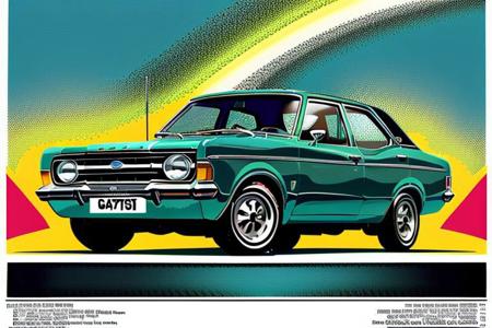 an airbrushed illustrated magazine cover of a FORDCORTINA car, dynamic angle, 70s retro aesthetic, high detail, block colours, accurate, good composition, masterpiece