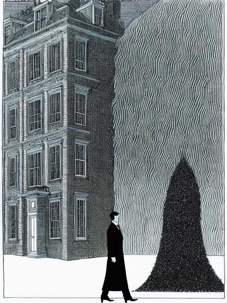 <lora:EdwardGorey:1>a drawing of a man standing in front of a building with a giant monster coming out of it by Edward Gorey