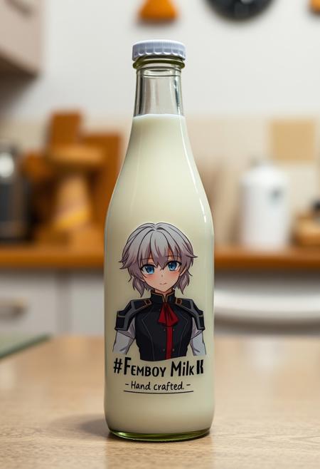 A bottle of white liquid with an anime picture of  Astolfo from Fate series on the front, the label says "Femboy Milk. Hand crafted", realistic, masterpiece, photo-realistic, on a kitchen table,