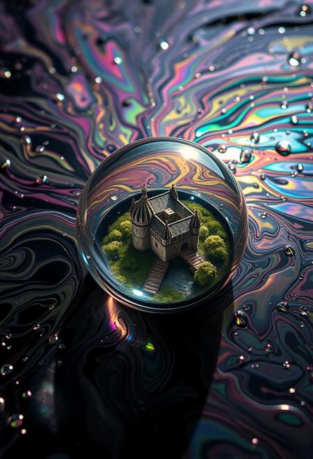 A mesmerizing dance of oil and water, creating intricate, iridescent patterns across the surface. At the heart of the oil slick, a translucent orb shimmers, revealing a miniature castle nestled within, as if glimpsed through a portal to another dimension. Macro perspective, Ultra-detailed, Hyperrealistic, Vivid, iridescent colors swirling in the oil, Water droplets beading on the oil's surface, Castle within the orb meticulously detailed, Sunlight refracting through the oil, casting rainbows, The scene evokes wonder and curiosity. Perfectly spherical, Translucent with subtle distortions, Castle within is clear and in focus, Medieval style, Stone walls, towers, and a drawbridge, Lush green landscape surrounding it, A dark, reflective surface to contrast the colors, Hints of light sources reflecting in the oil, highest-Quality, 8 k, intricate details, visually stunning, Masterpiece