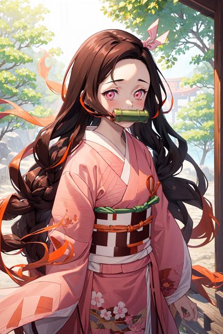 (((masterpiece))), nezuko, 1girl, blush, happy, bamboo, bit gag, brown hair, checkered sash, gag, gagged, gradient hair, hair ribbon, haori, japanese clothes, kimono, long hair, looking at viewer, multicolored hair, orange hair, pink eyes, pink kimono, pink ribbon, ribbon, solo, upper body,  <lora:nezuko-05:0.7>