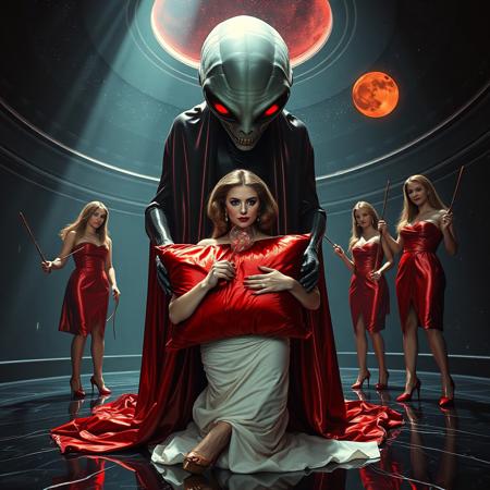 high-society elegant slender norvegian rich innocent young bride  kneeling  weird red glossy foil pillow from behind. She is ensnared by a towering, gray human-like alien, draped in a long, glossy black slime cloak, its eyes gleaming red with an otherworldly intensity.  its hands  putting slime transparent alien jellyfish at her head. Encased in light beam from the alien breeding chamber celling. Surrounded by strict ladies wearing  glossy satin dominatrix attire and glossy high heels,  holding whips.   weird wet-look black slime  walls and floor, colossus observation blister to outer space full of stars, bright red moon, vintage-inspired makeup, long hairs, ultra thin waist, evil grin, porcelain skin, lipstick, red nails, in the style of a haunting, retro-futuristic 1950s sci-fi nightmare, horror, alien space base,,