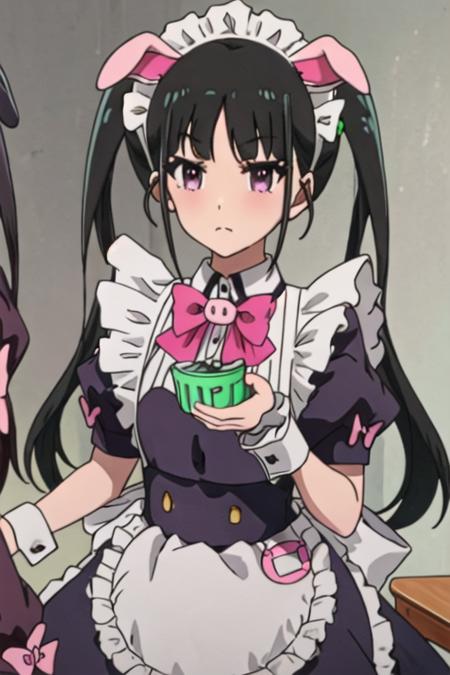 best quality, masterpiece, highres, solo, {yumechi_akibameidosensou:1.15}, black_hair, maid_headdress, maid, twintails, animal_ears, purple_eyes, bow, long_hair, pink_bow, apron, fake_animal_ears, maid_apron, bangs, pig_ears