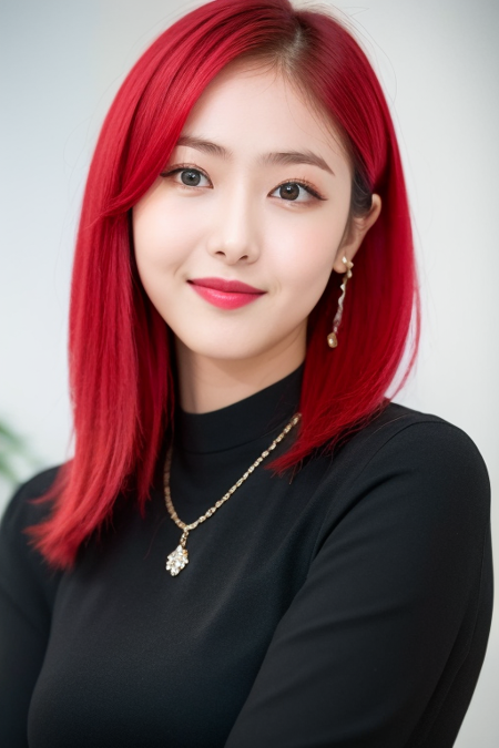 sinb, 1girl, solo, looking at viewer, smile, shirt, brown eyes, jewelry, closed mouth, upper body, red hair, earrings, medium hair, necklace, blurry, lips, parted bangs, black shirt, makeup, blurry background, realistic, red lips