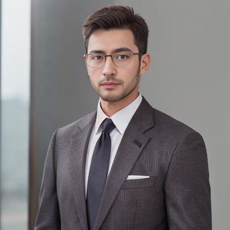 Realistic,  (masterpiece, best_quality:1.1), a man wearing glasses  standing in front of a glass door with a cross on it, zegna, Drop+7, Double vents, Notch lapels, Flap pockets, 2-button closure, Fully lined, Deconstructed, 100%+Wool, Grey, suits, young, wearing a undercloth and tie, oxford knot