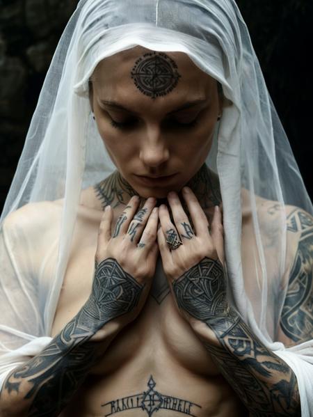 Photo. Cinematic film still.

A hand with runes tattooed on her knuckles. (Nude:1.5). Arms across bare chest.

Wearing a sheer white veil.

<lora:artfullyFALL_SDXL_V1:0.6> artfod 