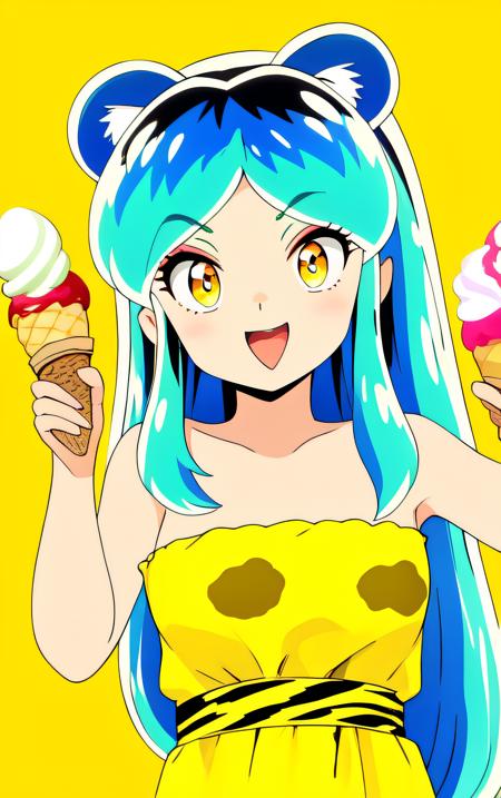 1 girl, yellow background, finger pointing, index finger raised, imitating, pointing up, solo, food, mouth open, water green hair, multi colored background, holding food, rainbow background, holding ice cream, ice cream, children, leopard print long dress, corner,