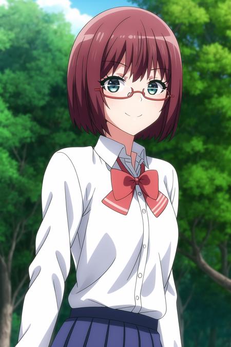 1girl, reddish purple hair, light blue eyes, eyebrows visible through hair, glasses, looking at viewer, short hair, smile,  bow, bowtie, long sleeves, pleated skirt, red bow, red bowtie, school uniform, shirt, skirt, solo, white shirt, mutsu_amatani, <lora:add_detail:0.7>