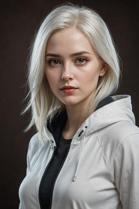 Hyperrealistic art beautiful hacker woman with medium white hair,pale skin,big brown eyes,slim face,epiCRealism,full body, . Extremely high-resolution details, photographic, realism pushed to extreme, fine texture, incredibly lifelike