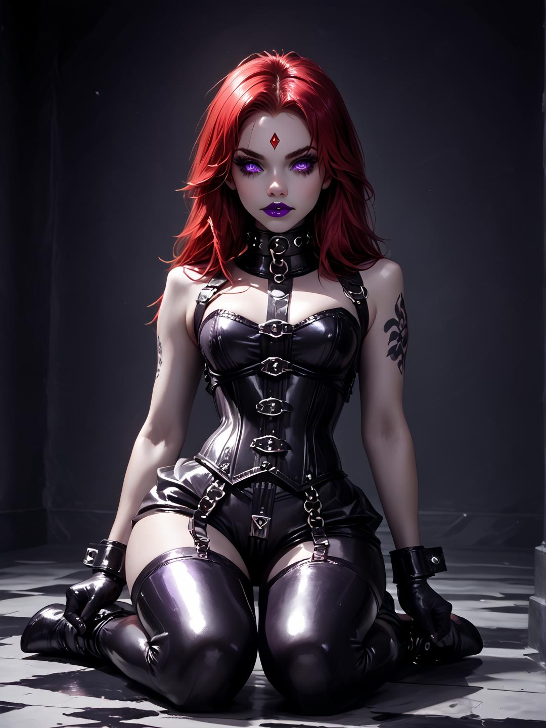 (highres image, ultrares, absurdres, ultra detailed), (masterpiece:1.8) <lora:chibi-raven:0.65> 1girl, ((xravenx)), purple eyes, purple lips, purple hair, red hair, (two toned hair), long hair, pale skin, forehead jewel, makeup, black latex catsuit with crotch zip, latex corset, gloves, posture collar, leather cuffs, arm straps, (slim), tattoos, simple dark background, reflective floor, kneeling,, (score_9, score_8_up, score_7_up), source_realistic,, (dark theme, deep blacks, nighttime)