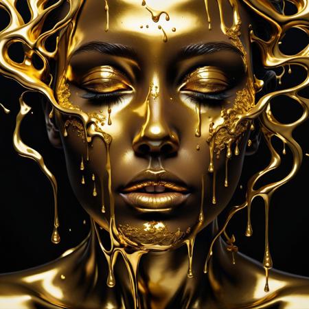 A highly detailed, surrealistic portrait of a woman's face, partially covered in dripping molten gold, with the gold seemingly splashing and cascading over her features. The face has a smooth, metallic texture, with the gold contrasting against a dark, glossy background. The expression on the woman's face is calm and serene, with her eyes closed as if in a state of peace or transformation. The artwork has a strong contrast, with the bright gold and the dark shadows creating a striking visual effect, emphasizing the fluid motion of the gold.