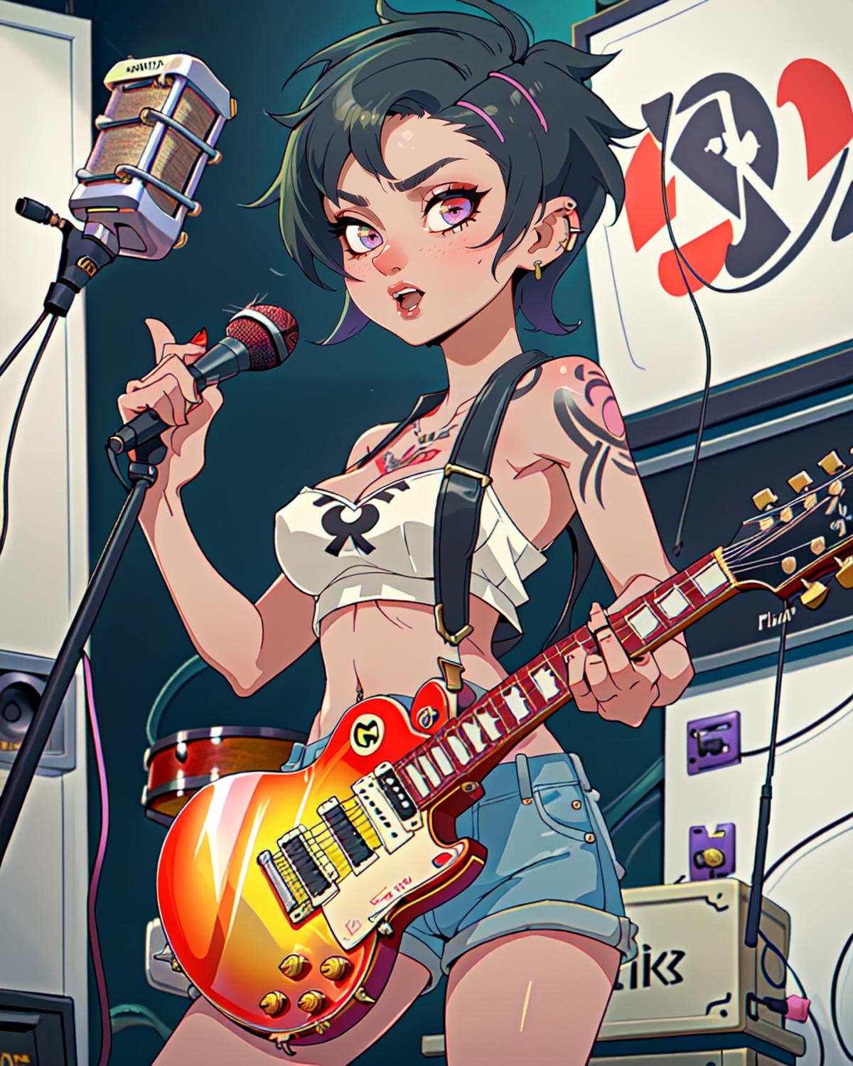 A cartoon illustration of a girl playing a guitar with a microphone.