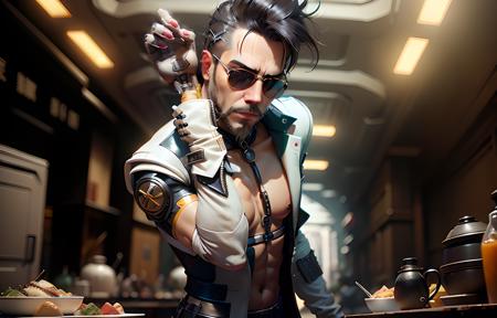 serious (1man), salts food, pompous pose, (Salt bae), futuristic outfit, smoke in background, render, unreal 5, 8k, ultra quality, (((masterpiece))), (reelmech:0.9), cyberpunk 2077,