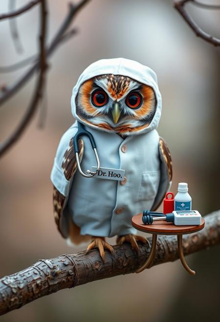In a hyper-realistic image, an adorable little owl perches on a branch, wearing a miniature doctor's uniform that covers its body completely. The uniform is rendered in exquisite detail, with intricate stitching and creases that suggest a crisp, freshly laundered fabric. The owl's face is the only visible part of its body, with big, round eyes that are bright and curious. A miniature stethoscope is wrapped around the owl's neck, with the earpieces perfectly positioned to listen to a heartbeat. On the owl's chest, a tiny name tag reads "Dr. Hoo" in bold, black letters. Beside the owl, a small table is cluttered with various medical supplies, including a miniature thermometer, a blood pressure cuff, and a tiny first-aid kit. The surrounding environment is a cozy, natural setting, with soft, muted colors and a sense of peaceful tranquility. The branch the owl is perched on is rendered in precise detail, with intricate textures and patterns that suggest a living, breathing tree. Highest-Quality, 4k, intricate details, visually stunning, Masterpiece