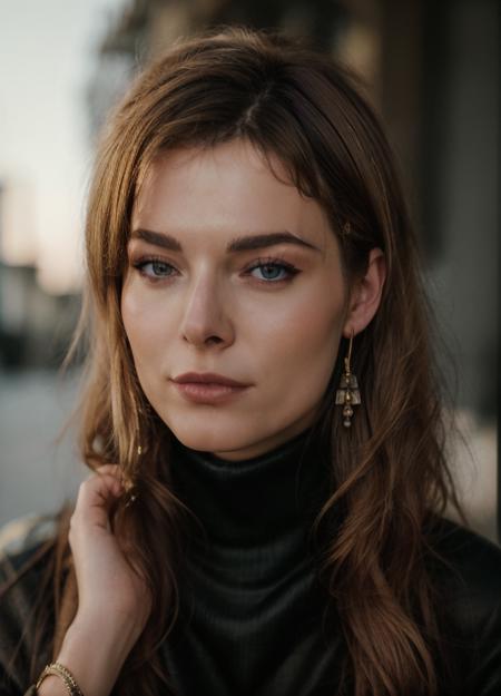 A stunning intricate full color portrait of (sprv woman:1.0)  wearing a black turtleneck, epic character composition, by ilya kuvshinov, alessio albi, nina masic, sharp focus, natural lighting, subsurface scattering, f2, 35mm, film grain,  <lora:stephanie_romanovDogu_sprv woman:1>