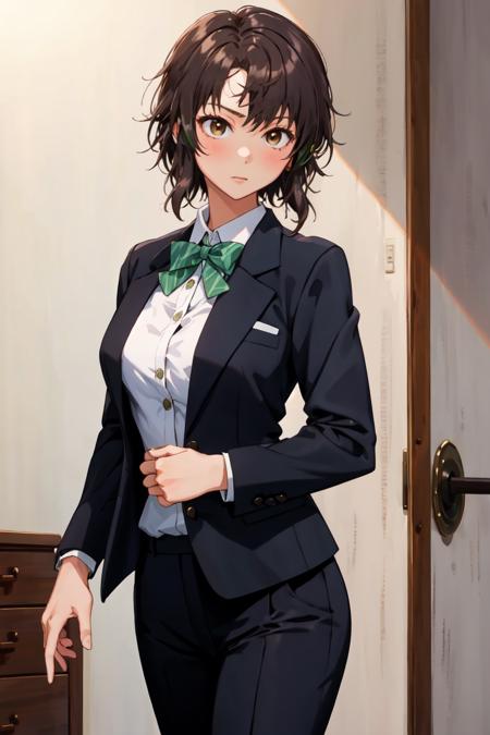 masterpiece, best quality, 1girl, solo, <lora:nonokamasaki-photokano-richy-v1:1> masaki nonoka, business suit, suit, tuxedo,