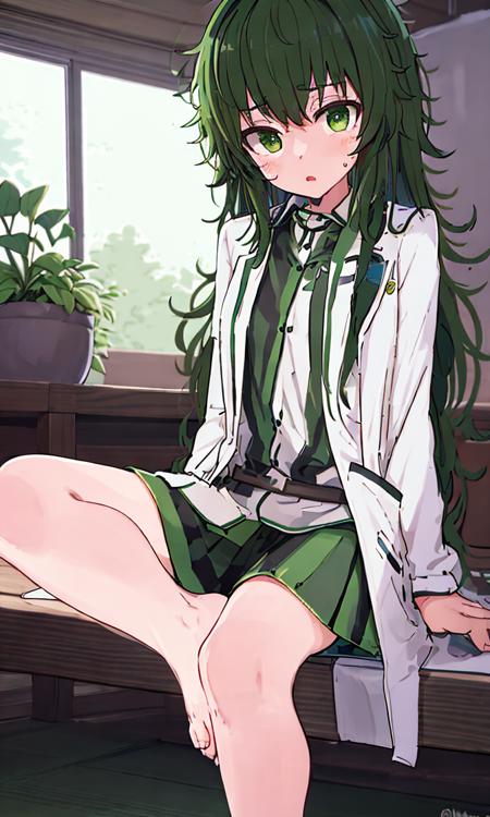 masterpiece, extremely detailed landscape, extremely detailed environment, extremely detailed beautiful face, kahlua, 1girl, hiyajou maho, green hair, long hair, messy hair, green eyes, labcoat, long sleeves, looking at viewer, barefoot, feet focus <lora:kahlua_safetensors:1>