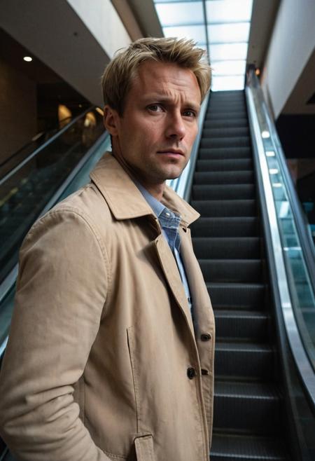 photograph, man, a handsome 35 year old man in a beige jacket with short flaxen hair, looking to the side, shadows and darkness, suspenseful scene, (face portrait, close-up), (shadows on face), intense look, empty mall, in front of a defunct escalator