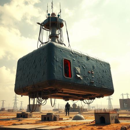 ultra high resolution, masterpiece, best quality, large rectangular glossy black spacecraft with an extremely rough textured surface hovering low to the ground, underneath the spacecraft are cables hoses and wires, antennas on top, cables hanging from below, rectangular in shape, futuristic world, post apocalyptic landscape, ((low concrete buildings:1.3)) anti gravity, in the atmosphere, sky, clouds, ground visible, hovering, dry, ((dusty)), bleak landscape, parched, bright noon sunlight, square shapes, bleached colors, destroyed industrial buildings, powerlines and towers, concrete foundations, open entrance hatch on spaceship, soldier in dark armored spacesuit, helmet, standing in the well lit entrance, red interior lighting