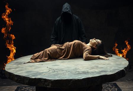 Medieval, fire and brimstone. A large stone slab table. A woman lays across the table  facing up on the stone table. A creepy dark hooded figure standing behind the table front facing.