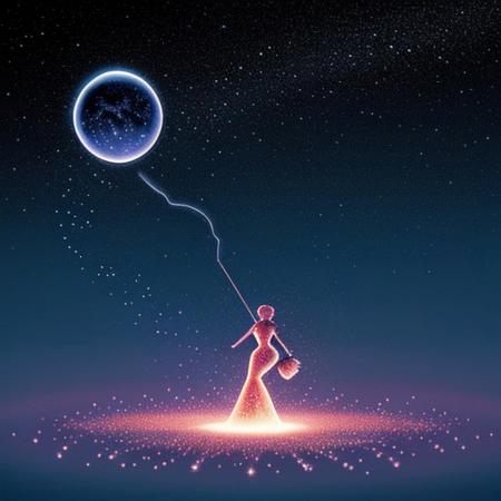 rdj, light particles, 1girl, night sky, high heels, curvy