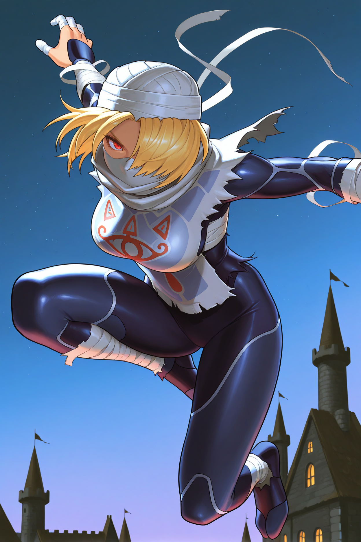 A young woman with red eyes and blonde hair, dressed in a form-fitting, blue and white costume. Her outfit features a white, bandaged head wrap that covers her forehead and part of her face. She is leaping through the air, with one leg bent and arms extended. Her costume includes a white shawl with a red eye emblem on her chest. The background features a twilight sky transitioning from deep blue to lighter hues near the horizon. Below, a medieval-style castle with tall, pointed towers and windows can be seen.