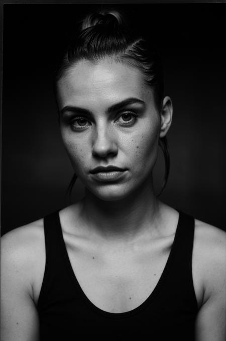 realistic photo of a woman, beautiful 24-year-old Irish woman with a (messy undercut style:1.2) wearing a black tanktop, slight smirk, natural skin texture, realistic skin texture, (skin pores:0.8), (skin oils:0.6), award winning photography, black and white, im , lowkey, low key, film grain, expired film , shadows low contrast,, HyperSmoke, black background,, Hyper shadow, smooth fog background fill the room , cinematic  <lora:Chiaroscurox_Light_1.5:0.4>