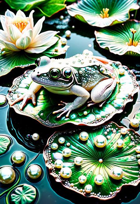 Pearlum, A glistening pearl rests upon a vibrant lily pad, its lustrous surface shimmering like a gem. Amidst this serene aquatic setting, a delicate frog emerges, its vibrant green skin adorned with intricate patterns, a true work of nature's art. The pearl, a symbol of purity, adds an elegant contrast, creating a captivating scene of unexpected beauty.<lora:Pearlum_World_Morph:1>