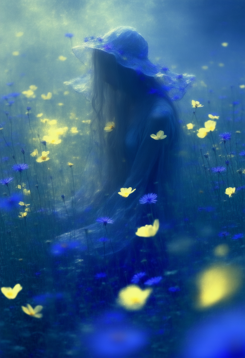 A female figure with long hair flowing beneath her wide-brimmed hat sitting in a wildflower meadow. The scene is bathed in soft blue-tinted lighting with a dreamy, hazy quality that creates a gentle blur effect throughout the image. Yellow and purple flowers are scattered across the meadow, with some flowers appearing to glow with yellow and blue light points, giving the entire scene a luminous, otherworldly appearance. 