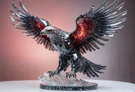 Reconstruction of a shattered gray-black glass eagle sculpture in soft, dreamlike motion. Full-body side view with red glitter, motion blur, and floating crystals. Warm, ethereal lighting, ultra-sharp focus, and pastel colors for a tranquil, renewing effect
