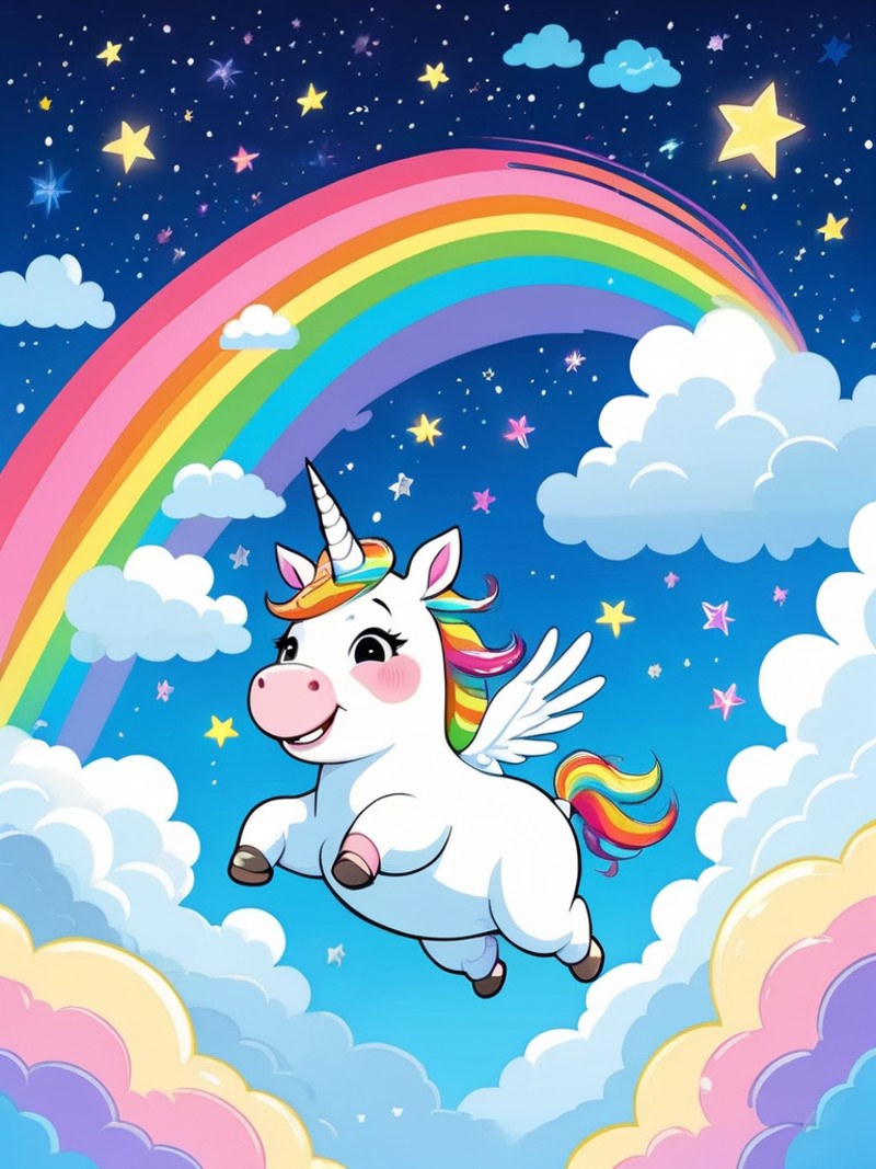 A delightful illustration of a small, chubby unicorn trying to fly, its tiny wings fluttering as it leaps over a rainbow, ...