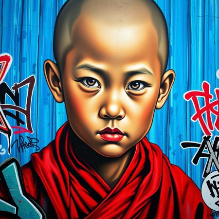 The mural features a highly detailed and expressive portrait of a young individual, likely a monk, set against a vibrant background. The subject's face is rendered in rich, lifelike detail, with soft shading and a striking gaze that captures a sense of depth and emotion. The red clothing contrasts vividly with the textured blue vertical streaks of the background. Surrounding the portrait are elements of graffiti tags, adding layers of urban culture and spontaneity to the composition. The mix of photorealistic painting and chaotic street art elements creates a dynamic interplay between precision and raw expression..
graffiti, mural, hyper-realistic, vibrant colors, bold letterforms, 3D design, urban art, intricate details, vivid gradients, sharp highlights, contrasting shadows, abstract influences, electric palette, sculptural effect