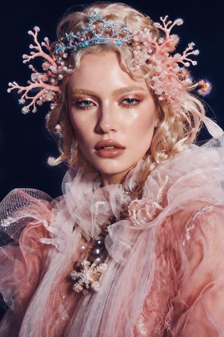 a woman, snow covered ground, under the water, nick knight, covered in coral and barnacles, fashion, crystalline translucent, swirly, crown, sea anemone, [white:blond] hair