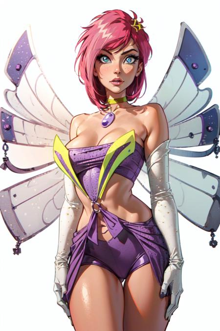 Tecna pink hair, blue eyes, short hair, fairy wings, purple outfit, sparkling clothing 