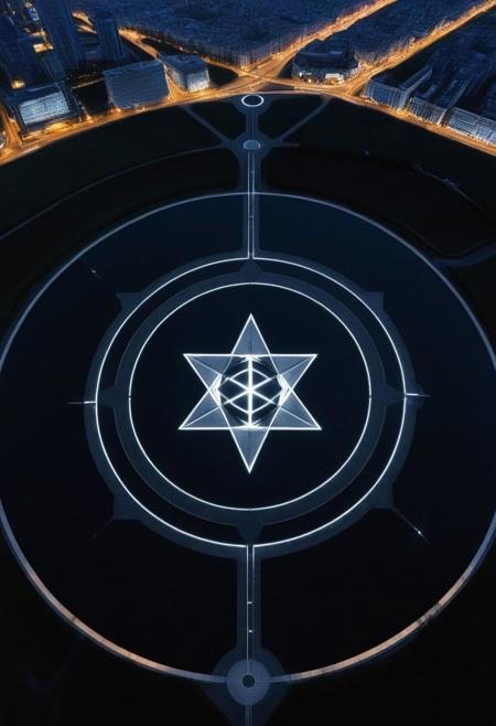 A stately pleasure-dome decree:
Aleph Tower, centre for the AI that rules the Human civilization, in a glittering city of glass and shining metal,
   bright sunlight under a pitch black sky.
So twice five miles of urban sprawl,
With walls and towers  girdled round;
In center: a black circle in bold lines intersected by a thick pentagram, symbol,
Photographer Reuben Wu Style