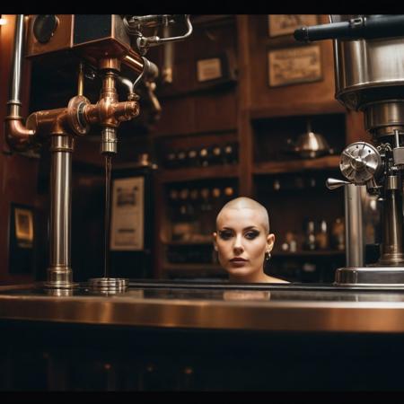 Award winning full body (nude) photograph of young woman, ((4’ 11” tall)), curvy, naked, punk, shiny bald shaved head, piercings, saucy expression, sheer top, (naked below waist), belly, bald pussy, wide hips, round ass, curvy short (thick) legs, drinking from tiny espresso cup next to huge copper brass wood steampunk style espresso machine (belching steam everywhere), shot from above, 85mm, 
soft natural early morning light, ultra realistic, realistic skin, detailed skin, skin imperfections, skin fuzz, highly detailed eyes, realistic vagina, extremely detailed, Rembrandt style light, 8k resolution, bokeh,masterpiece, 35mm, Hasselblad body
(masterpiece:1.2), sharp image, analog style, award winning photo, best quality, (shot with kodak 400:1.1), sharp, skin pores, (freckles:0.6), (film noise:1.2), , darkshot, natural skin, sharp focus, emotional, harmonious, vignette, 4k epic detailed, shot on kodak, 35mm photo, sharp focus, high budget, cinemascope, moody, epic,  gorgeous, film grain, grainy, 0mm. cinematic 4k epic detailed 4k epic detailed photograph shot on kodak detailed cinematic hbo dark moody, 35mm photo, grainy, vignette, vintage, Kodachrome, Lomography, stained, highly detailed, found footage, sharp focus
